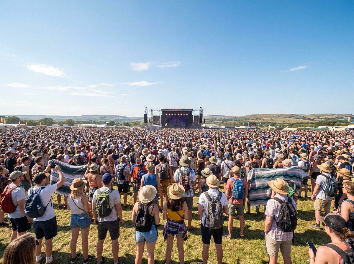 A large audience at an outdoor rock music festival.