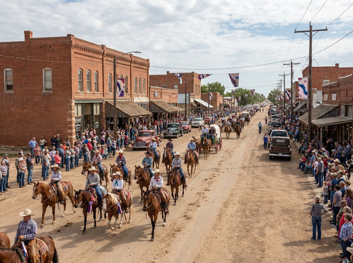 A community rodeo parade with horses and riders on a sunny day.