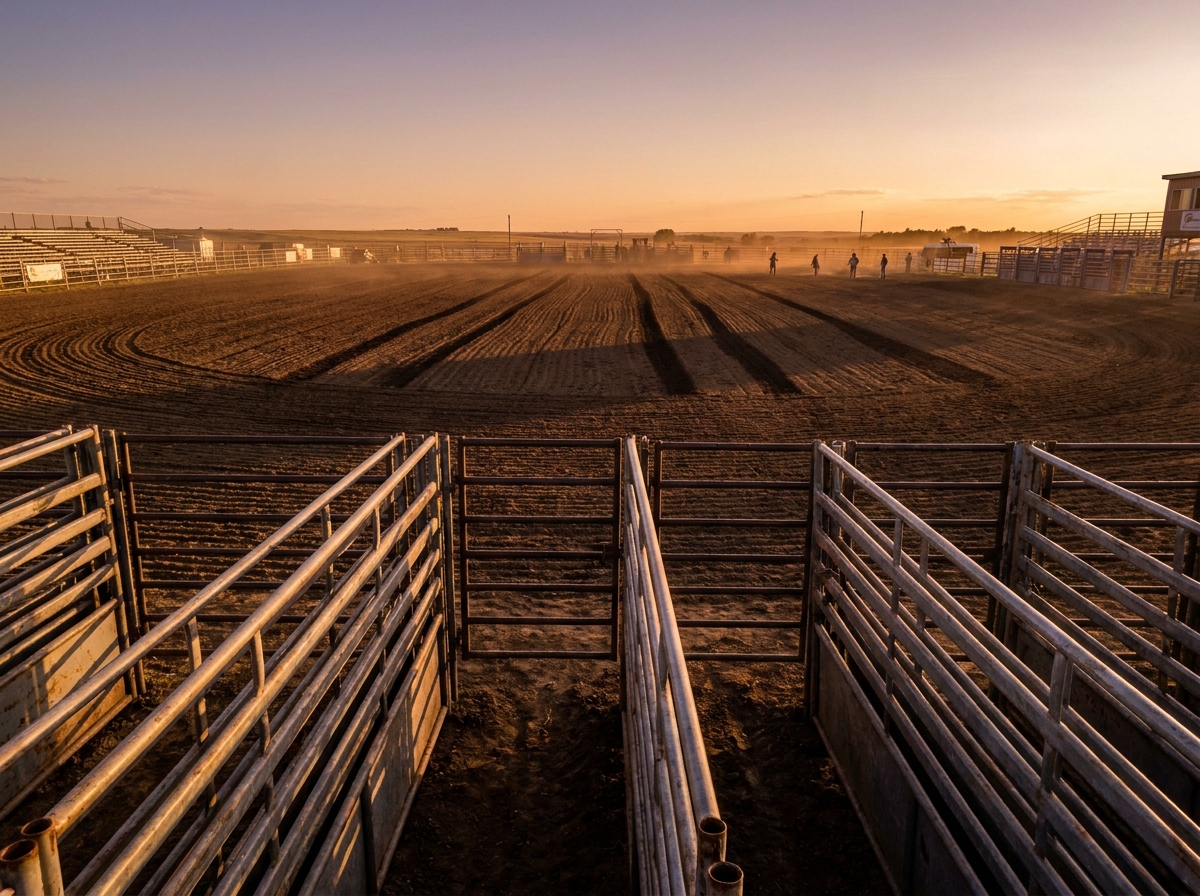 Empty rodeo gates opening onto a dirt arena, ready for the event to begin.
