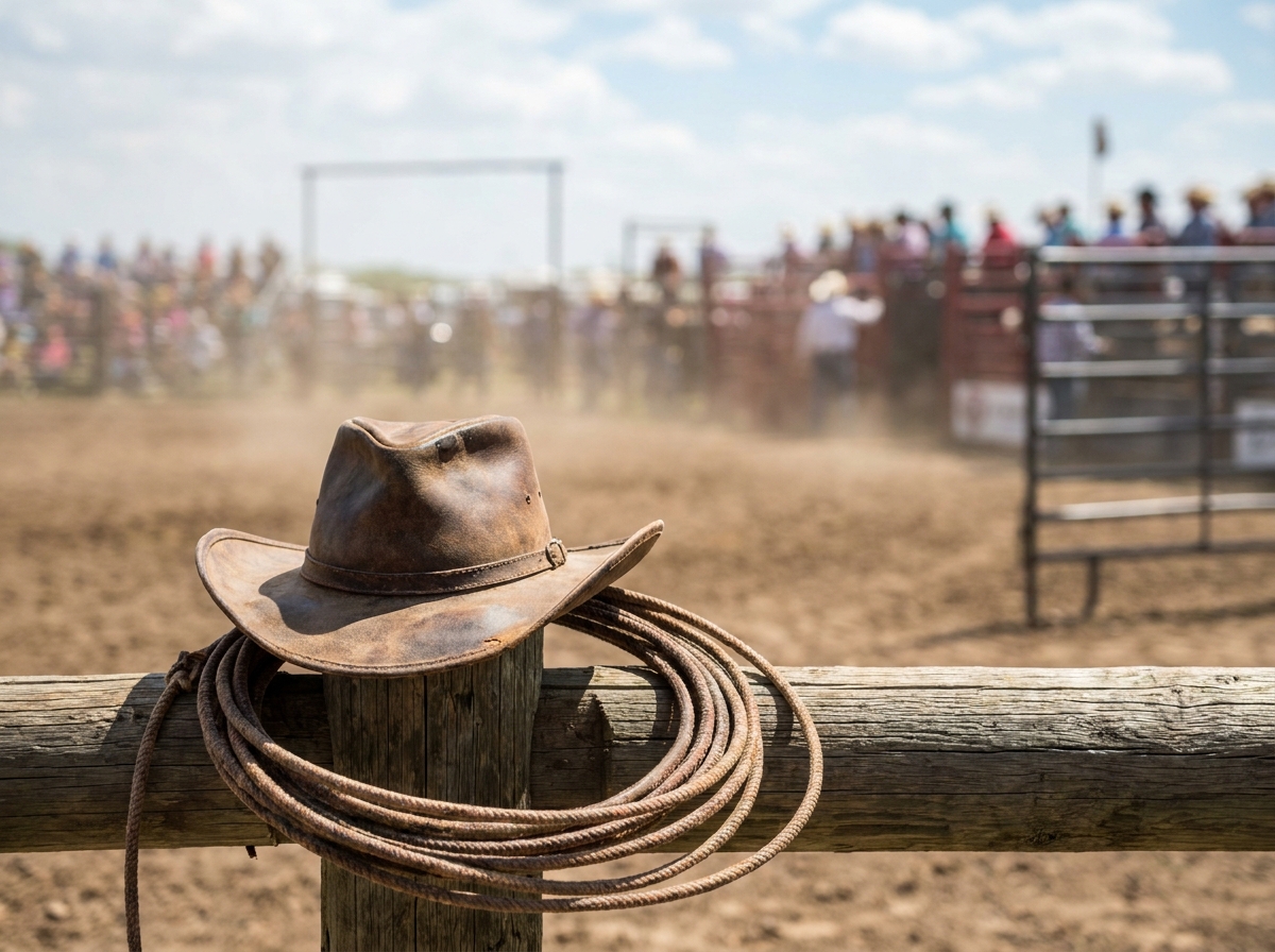 A cowboy hat and lasso resting on a fence, symbolizing a rodeo event.