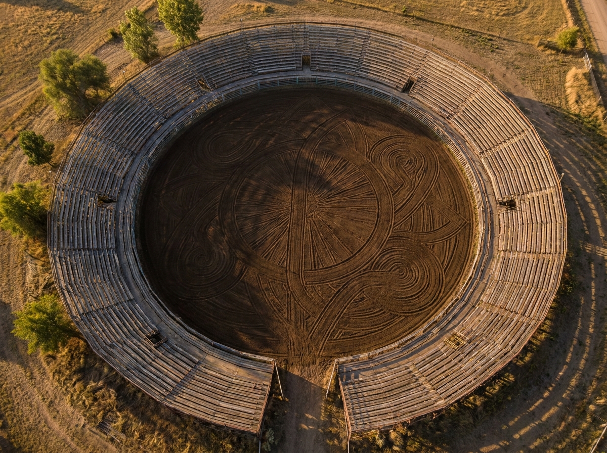 An aerial view of an empty rodeo arena and grandstands prepared for an event.