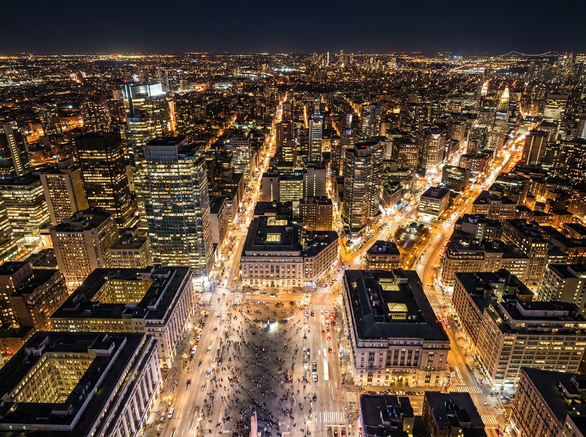 A glowing cityscape at night, representing a large audience for rooftop events.