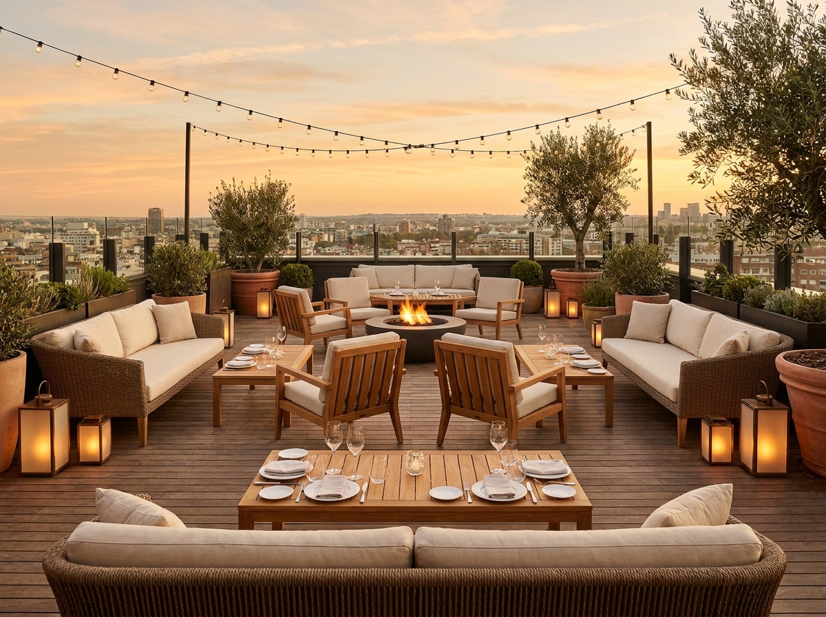 An empty rooftop venue with stylish furniture, ready for a party.
