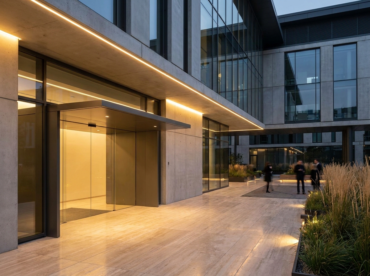 A sleek, modern building entrance at night, symbolizing a smooth check-in process.