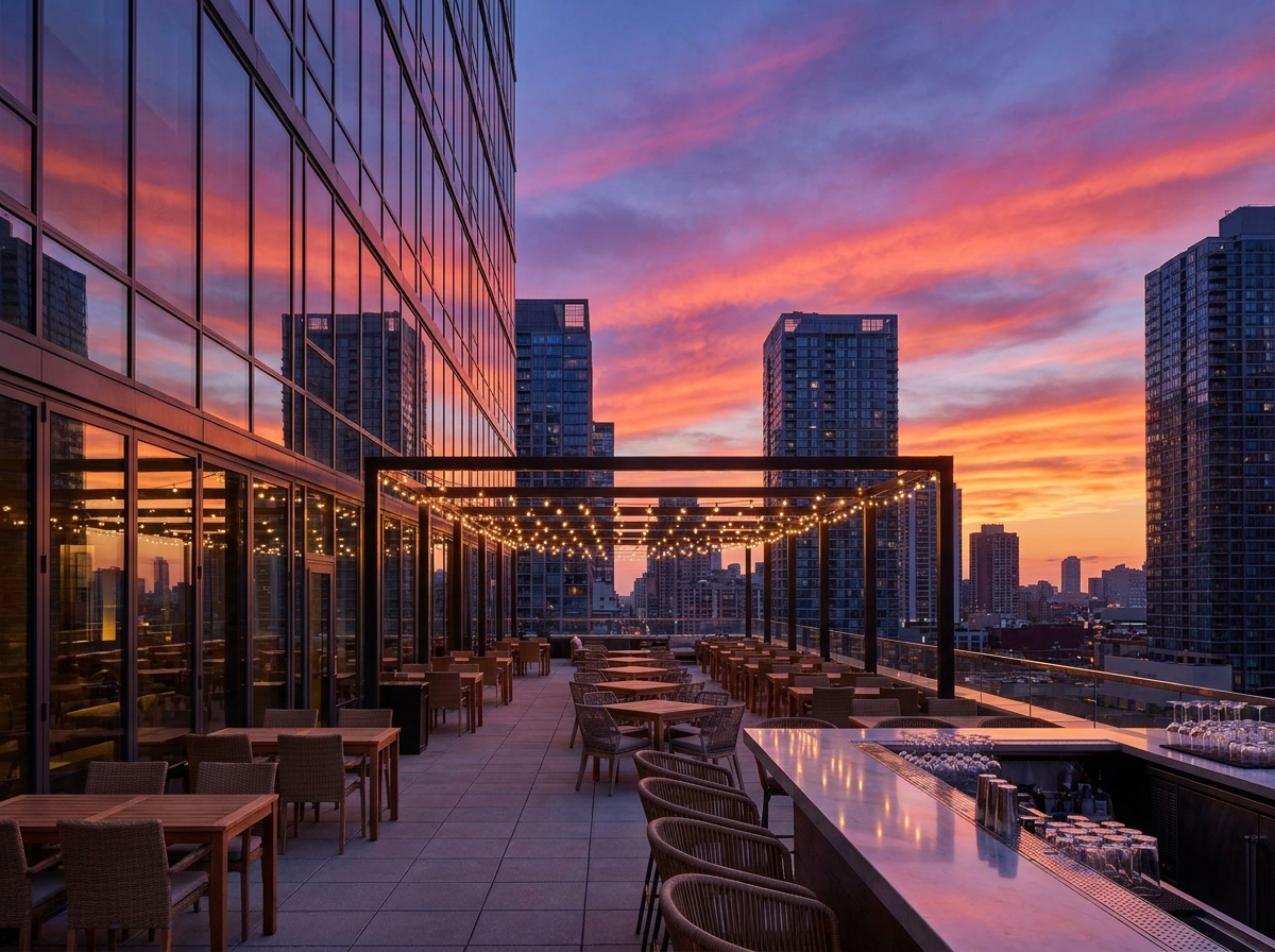 An empty rooftop bar at sunset overlooking a city, prepared for an event.