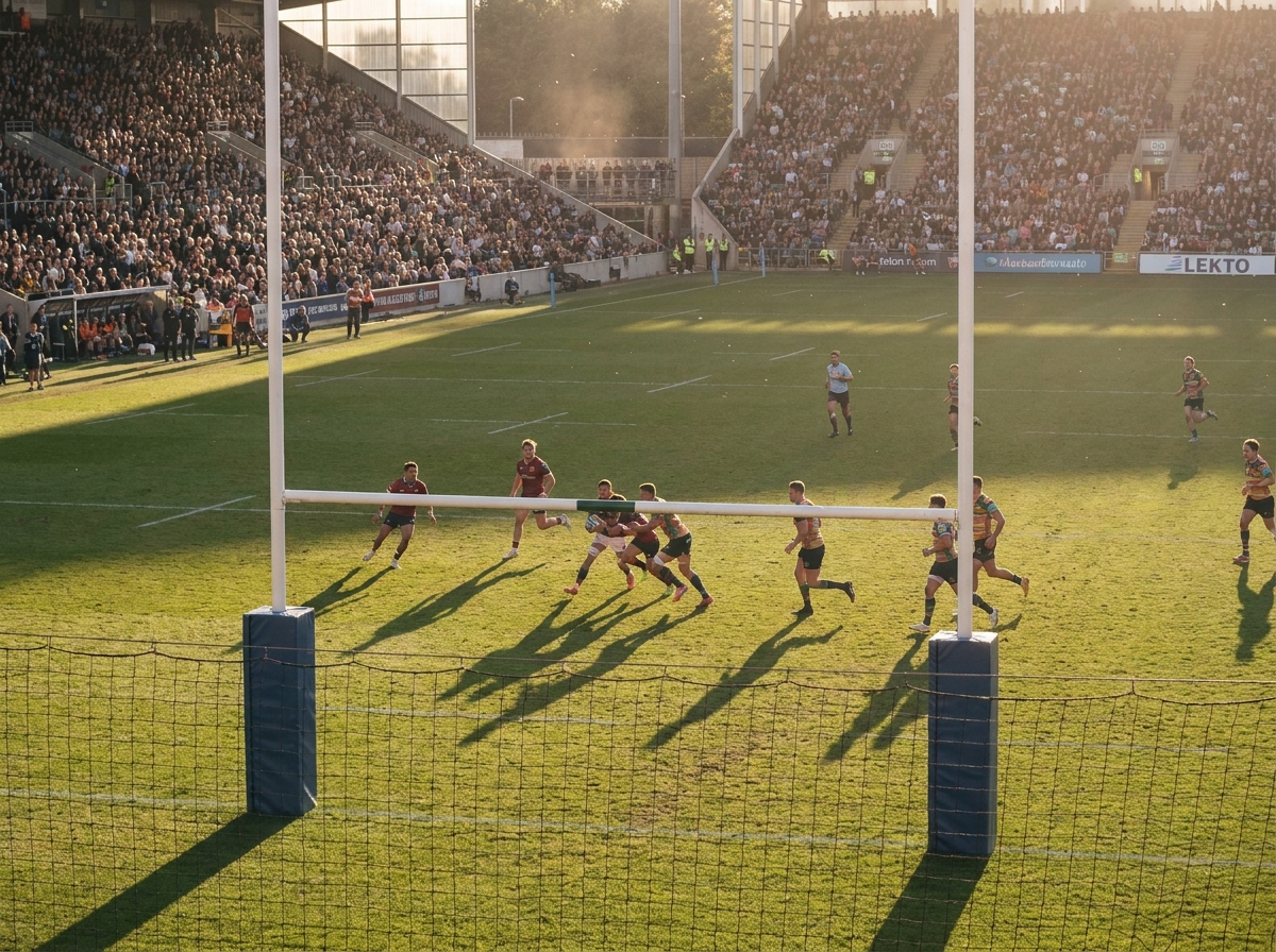 A large crowd cheering at a rugby tournament from the stadium stands.
