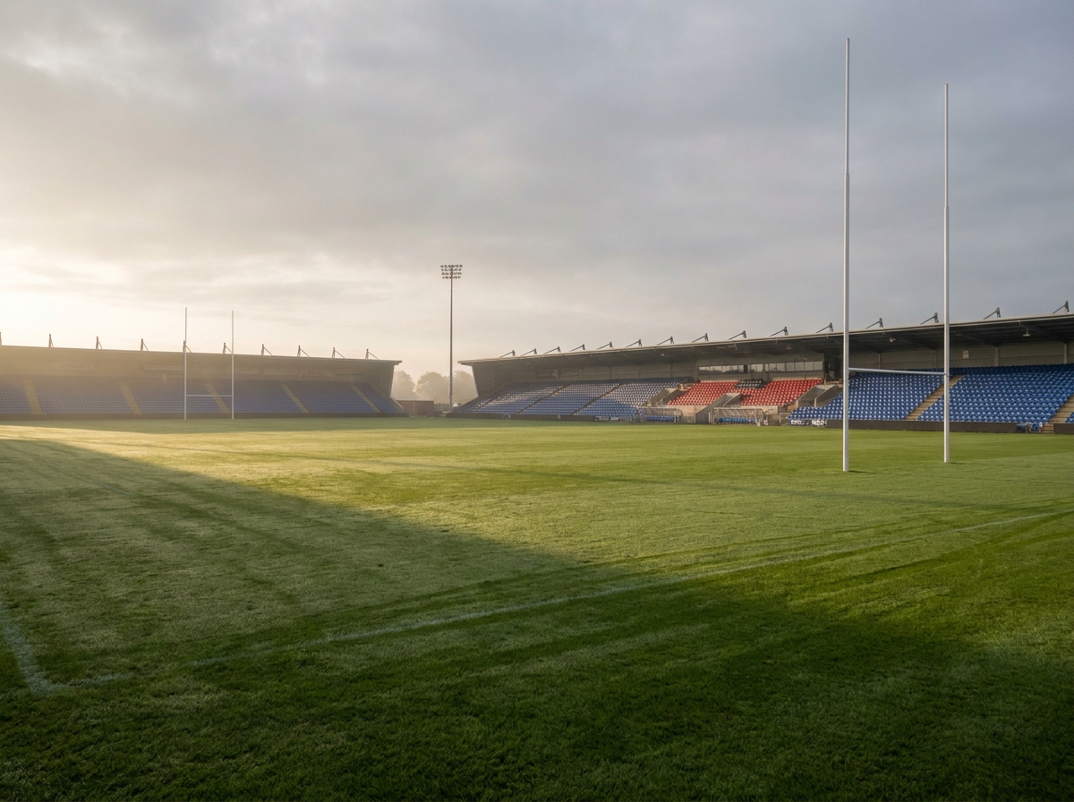 An empty rugby pitch with goalposts, ready for a match.