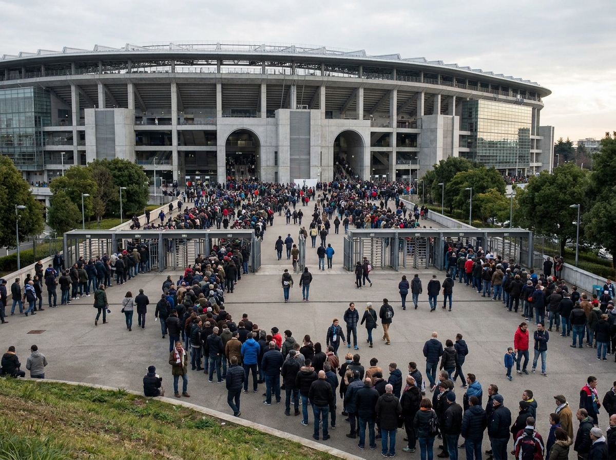 Fans lining up to enter a stadium for a rugby event.