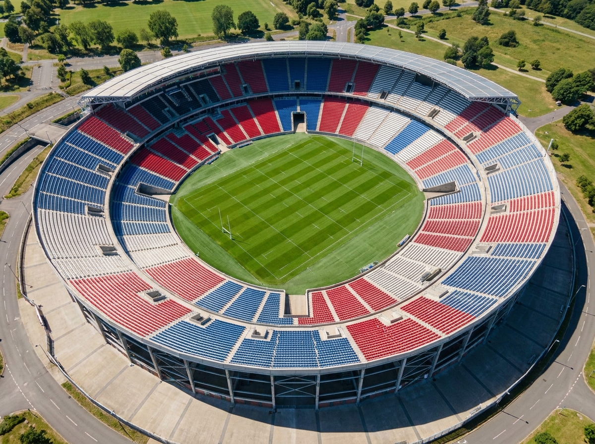 An aerial view of an empty rugby stadium, highlighting its scale.