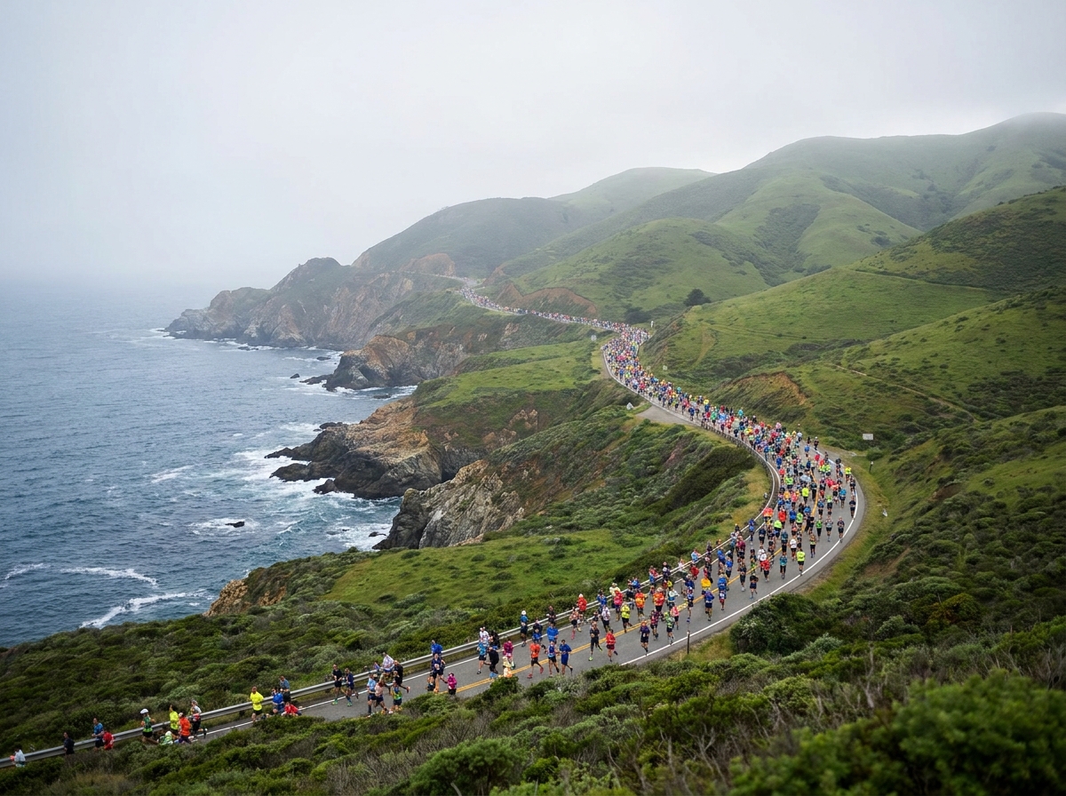 A long line of participants in a scenic running event along a coastal path.