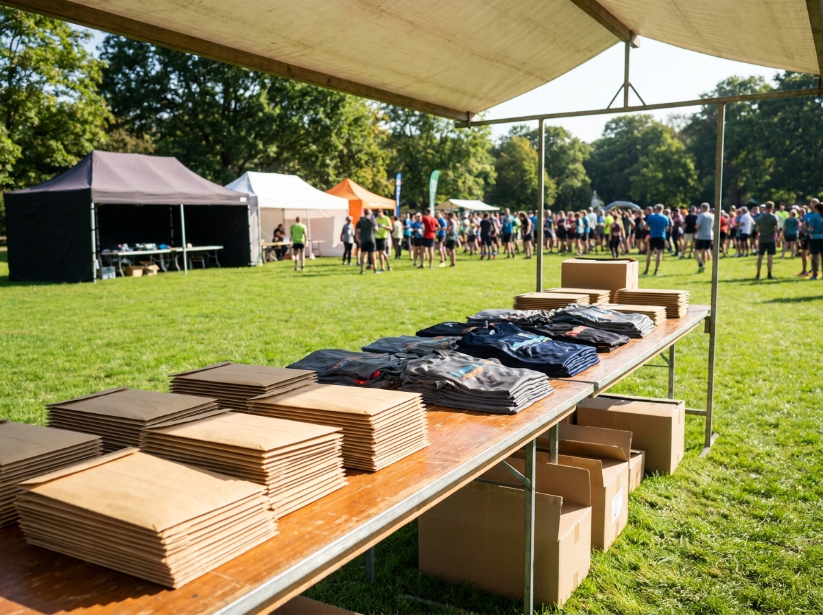 An organized registration area for a running event with race bibs and merchandise.