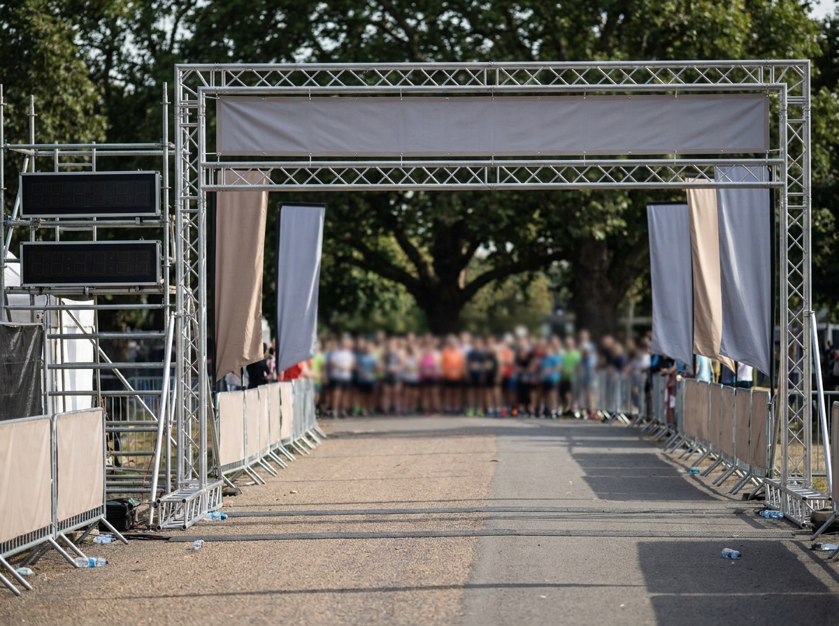 The finish line setup for a local running event, prepared for arriving runners.