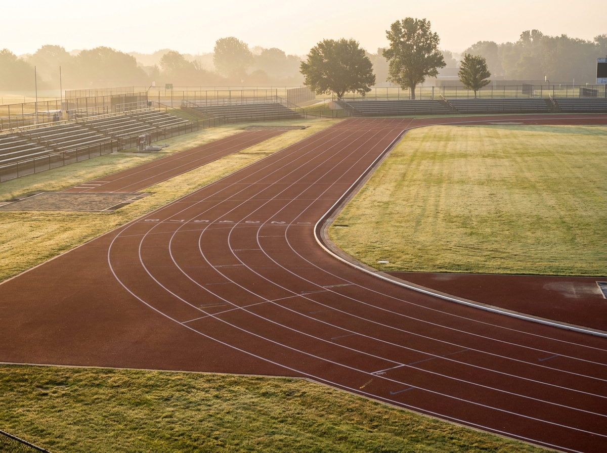 An empty running track at dawn, prepared for a running event.