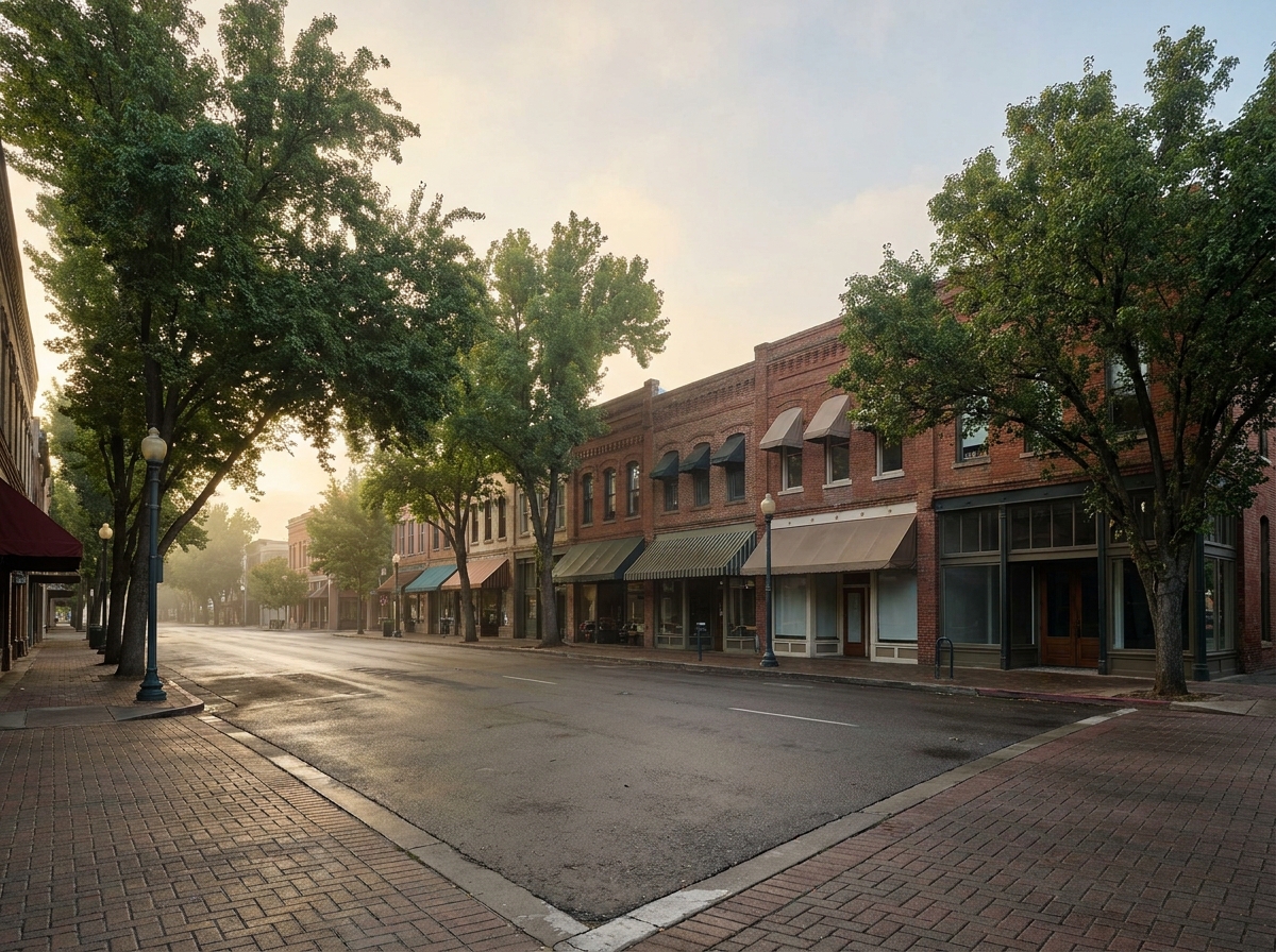 A tree-lined street with brick buildings in Sacramento's Midtown district.
