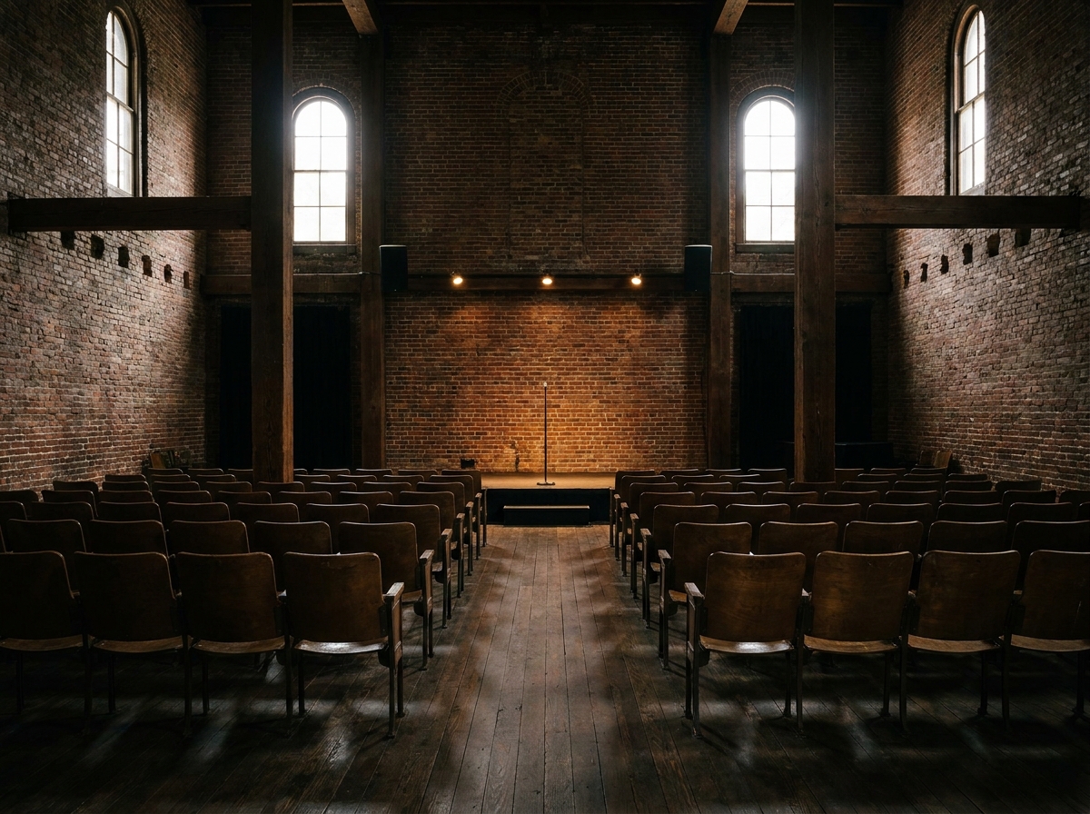 An empty stage and seating inside a historic Sacramento music venue.