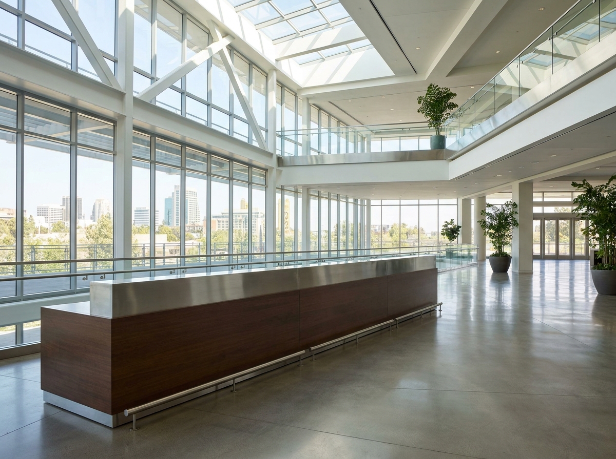 An empty registration desk prepared for a large event at a conference center.