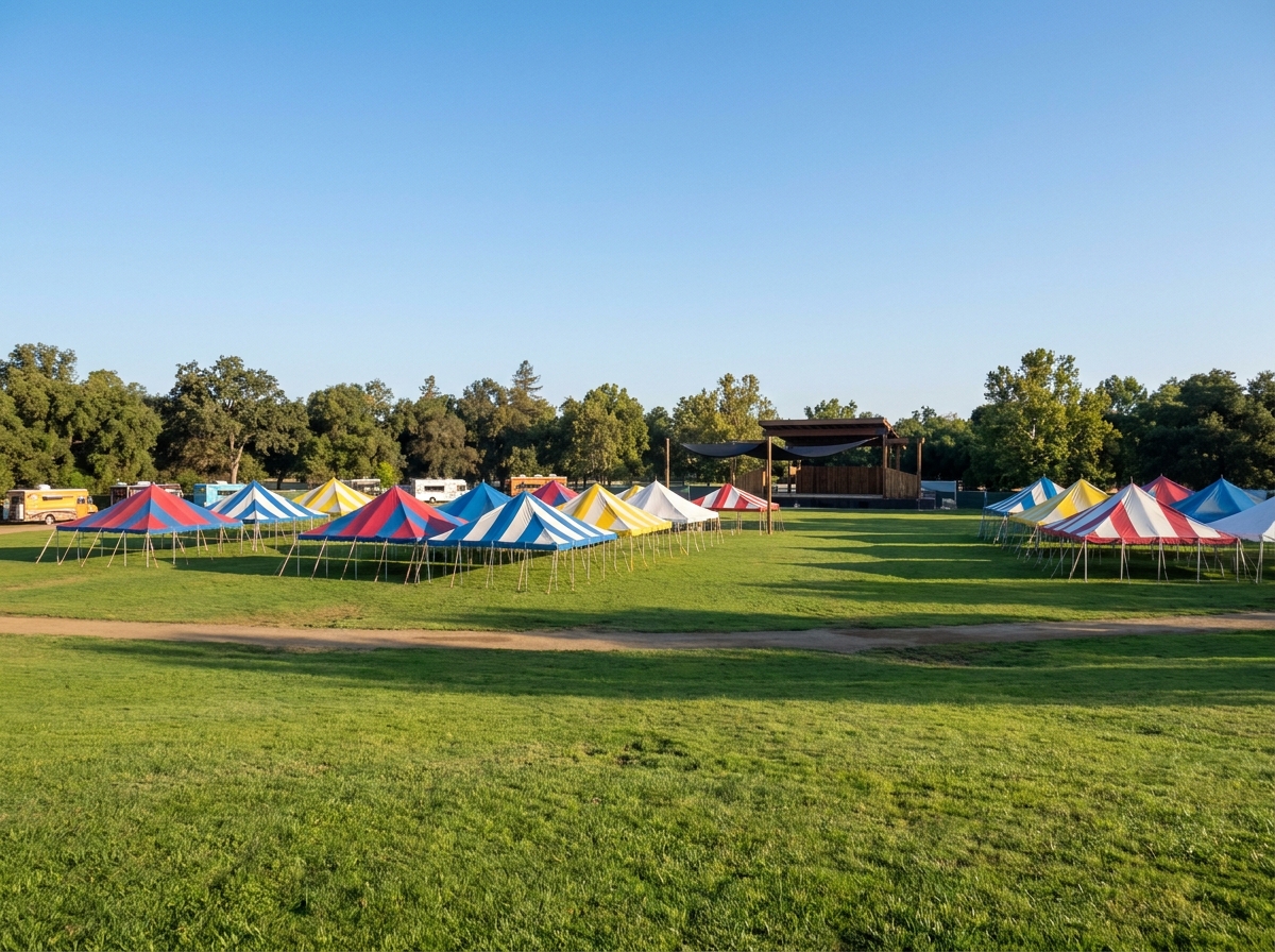 A Sacramento park set up with tents and a stage for a city festival.