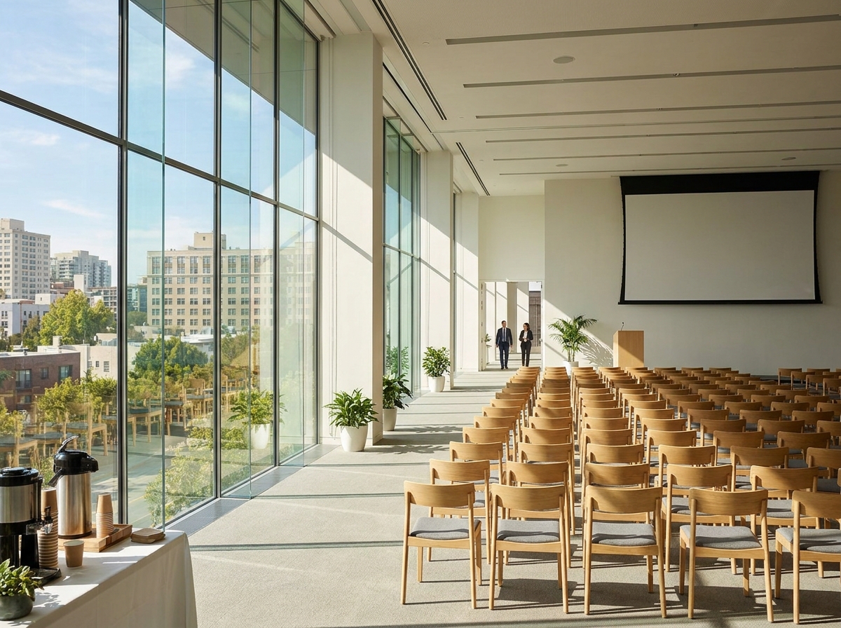 An empty conference room set for a professional event panel in Sacramento.
