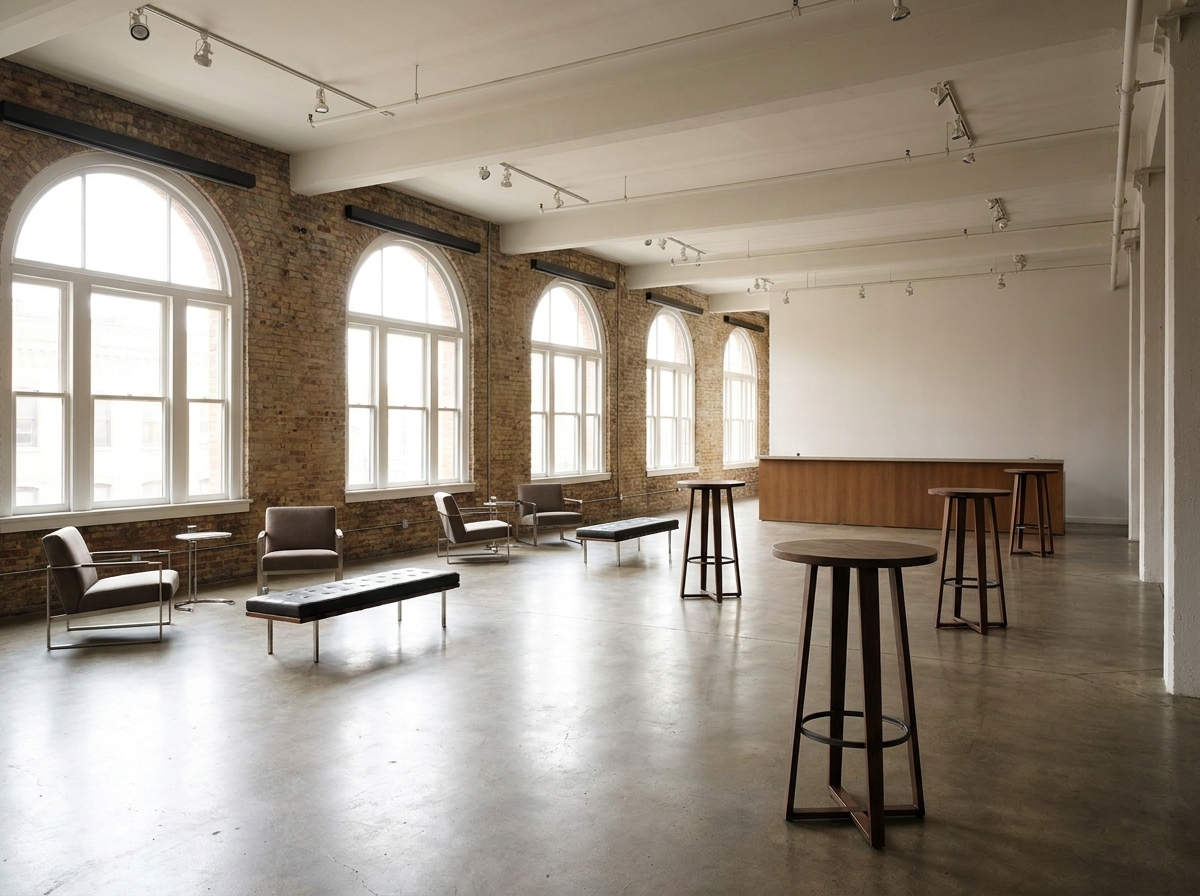 A modern gallery space in Sacramento set up for a corporate networking mixer.