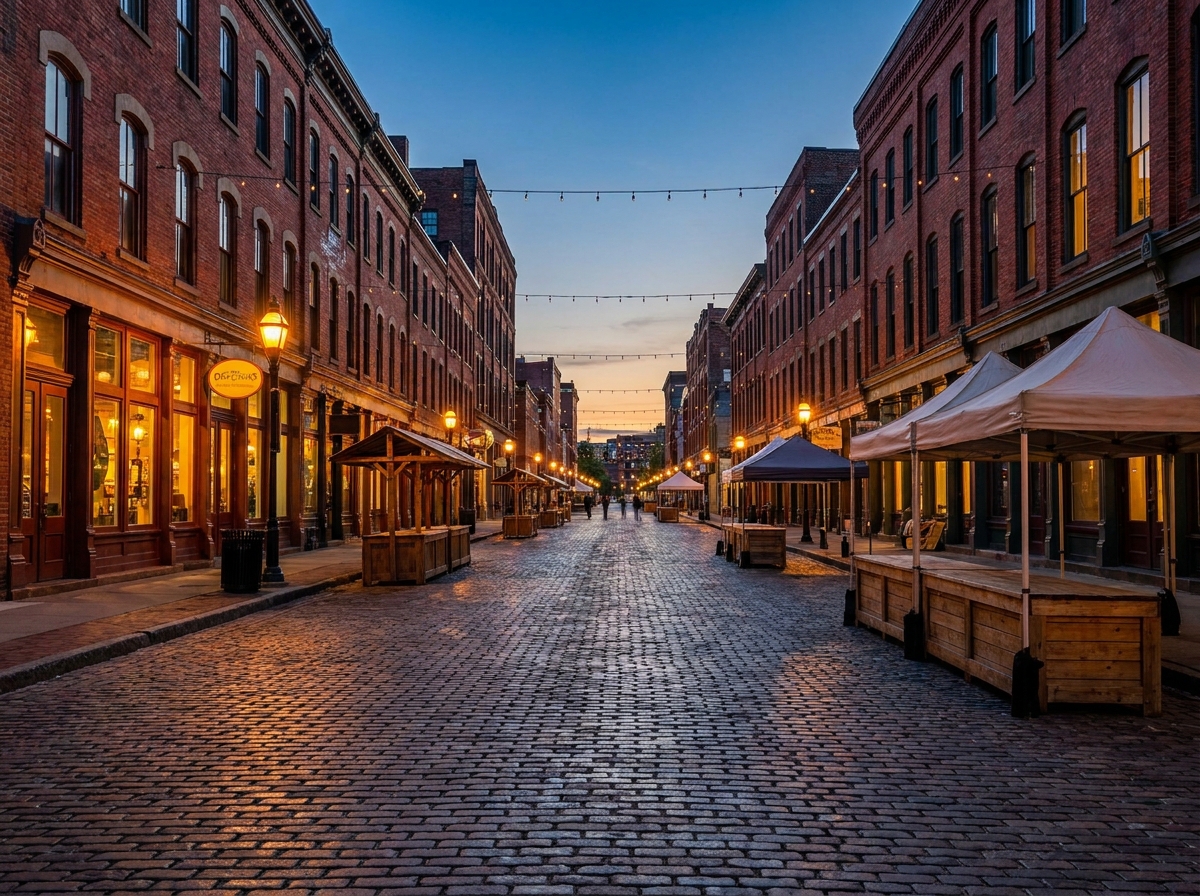 A historic brick-lined street in a Saint Paul neighborhood, ideal for an evening event.