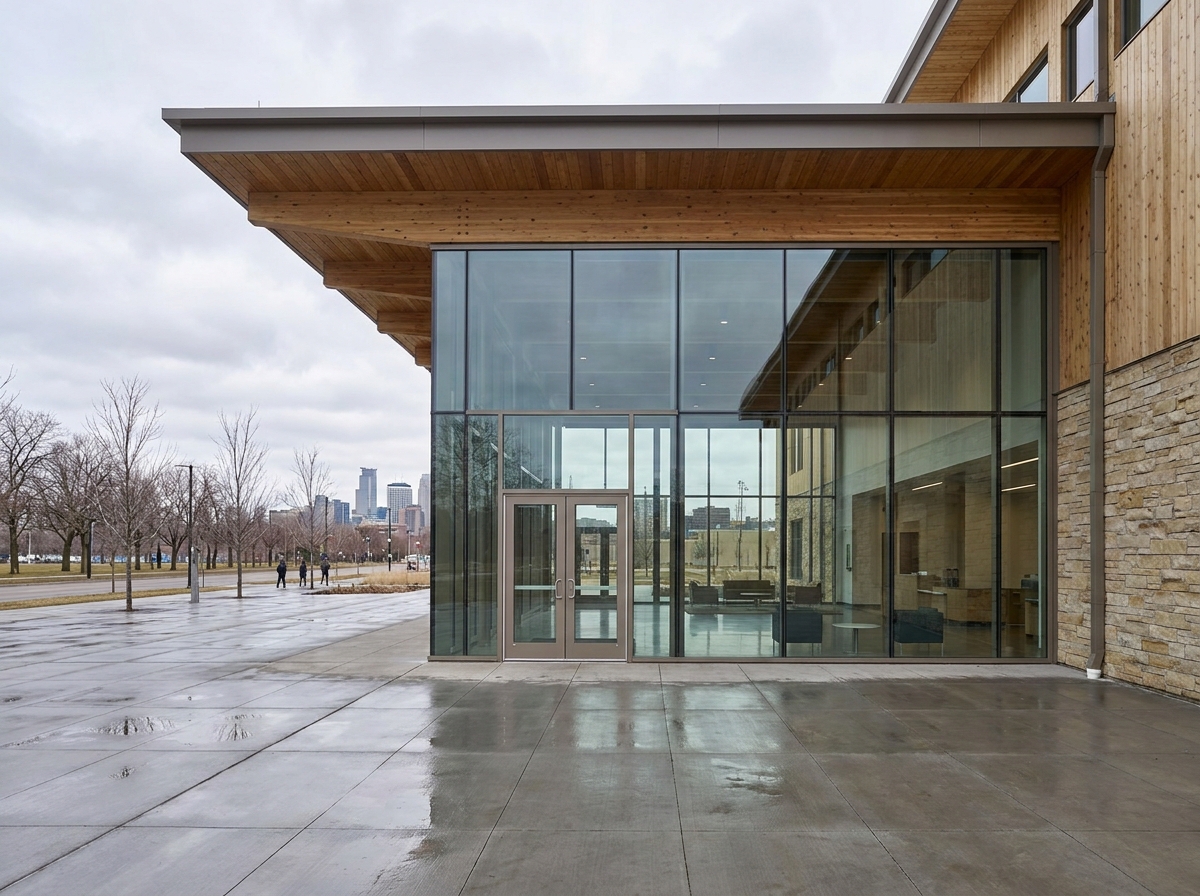 The modern entrance of an event venue in Saint Paul.