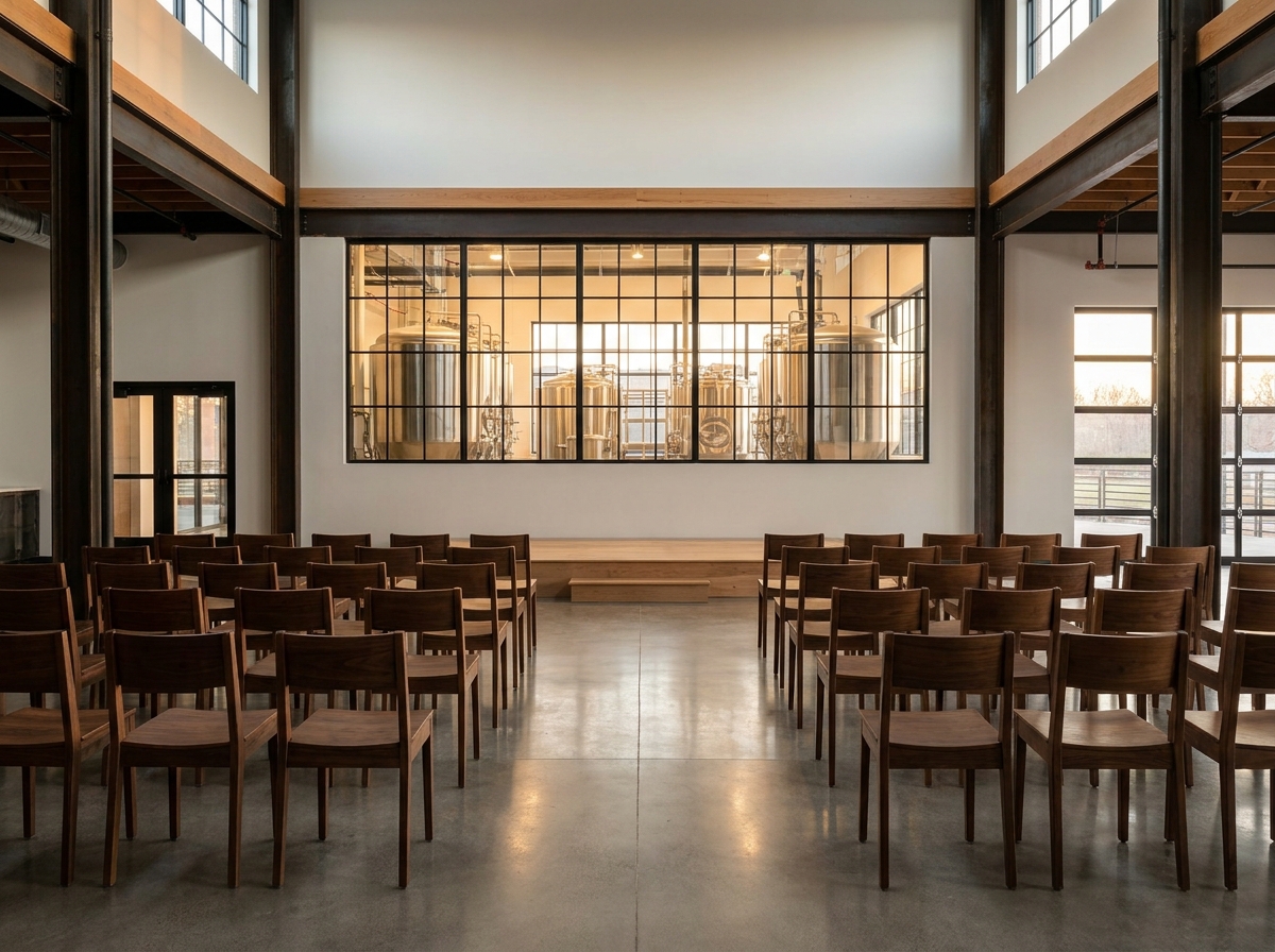 An empty event space in a Salem brewery set up for a comedy show.