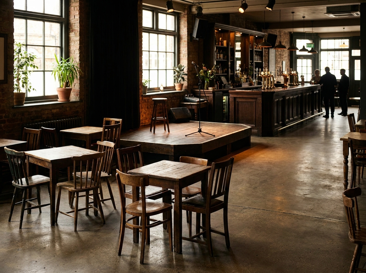 Empty tables facing a stage at a local pub set for a comedy night in Salem.