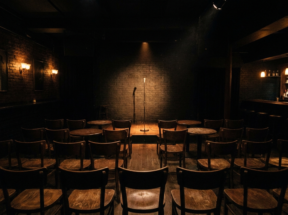 A classic comedy stage with a microphone awaiting a performer in Salem.