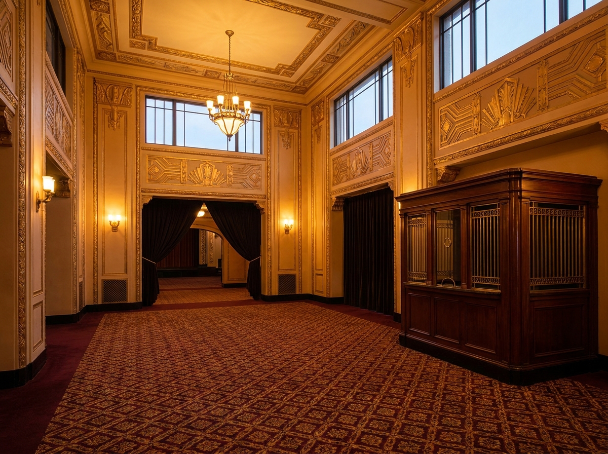 The empty lobby of a classic theater, ready for an event in Salem.