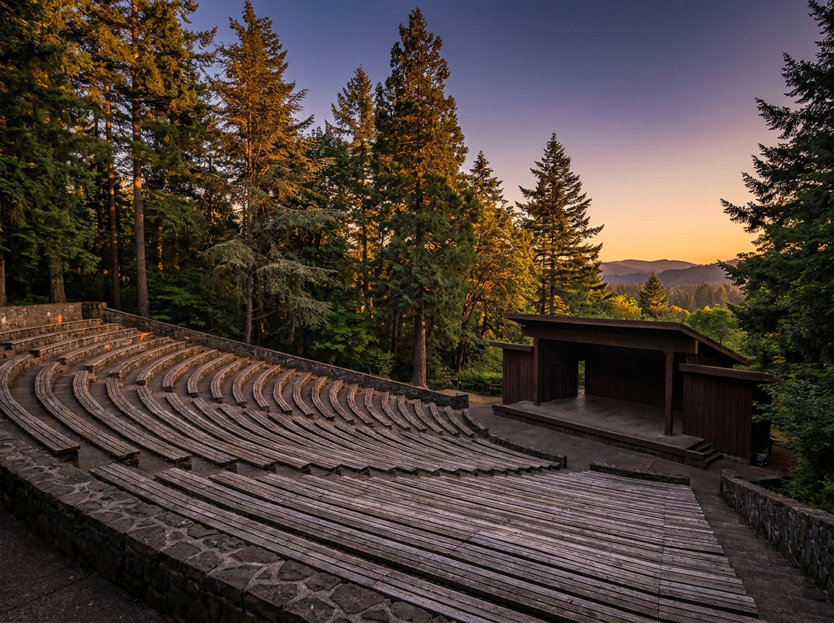 An empty outdoor amphitheater in a Salem park, set for a performance.