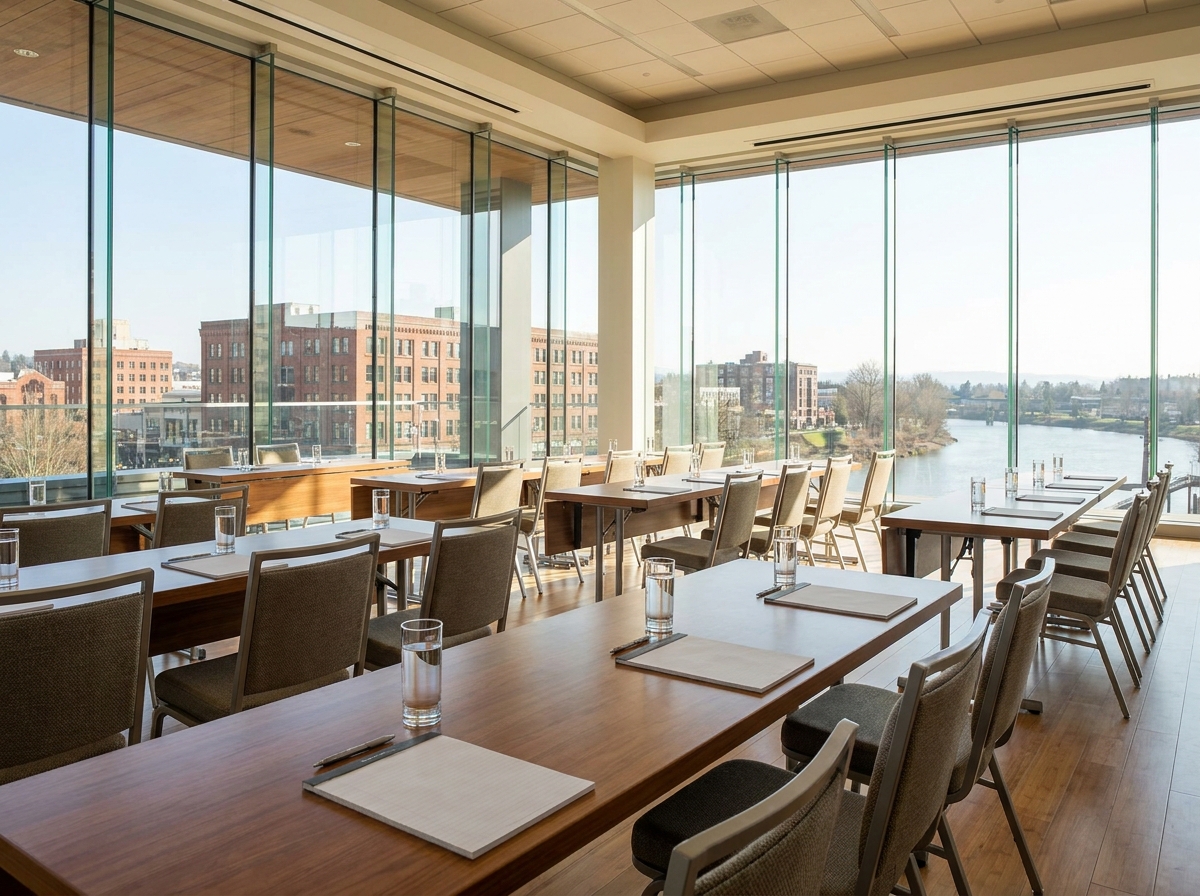 An empty conference room set for a business event in Salem, Oregon.