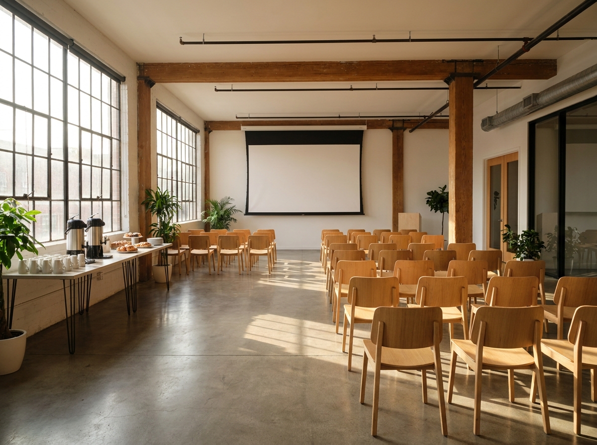 An empty room set up for a professional networking event.