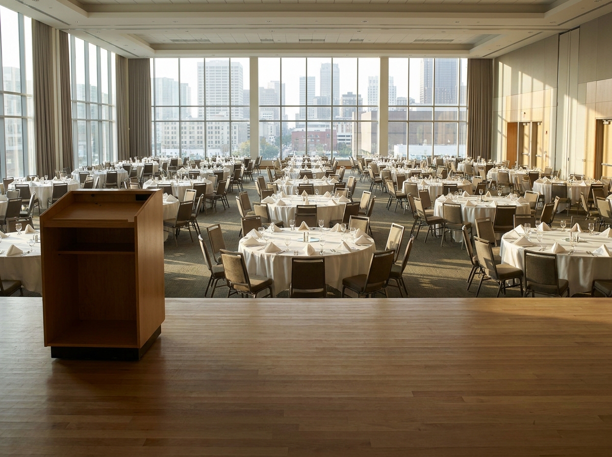 An empty ballroom prepared for a professional luncheon.