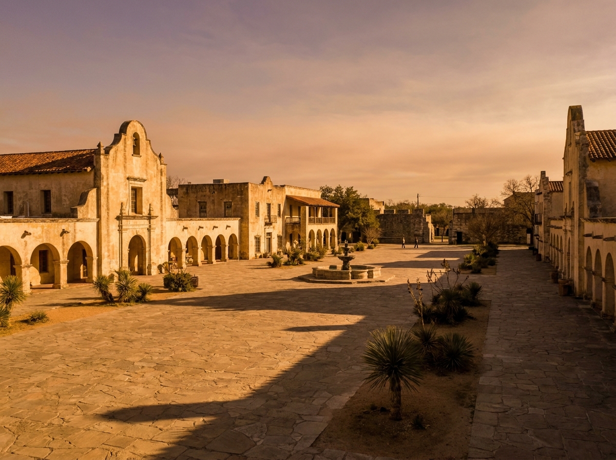 A historic Spanish mission-style plaza in San Antonio, an ideal venue for a cultural event.
