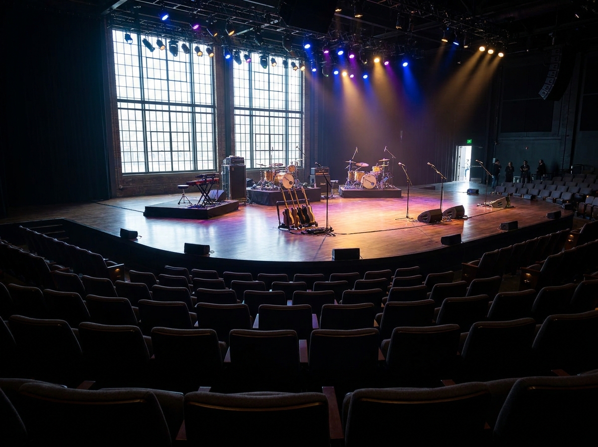 An empty stage at a San Antonio music venue, set for a performance.