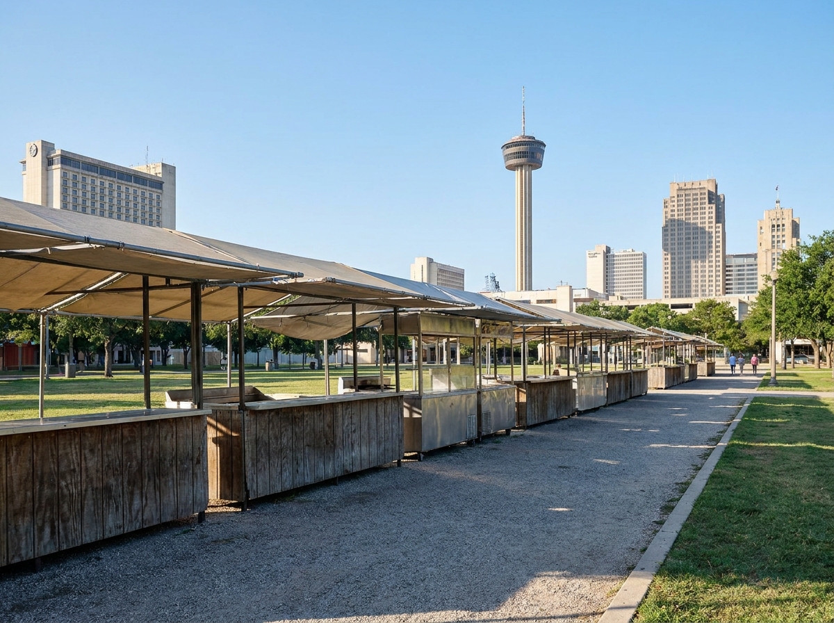 Prepared vendor stalls at an outdoor San Antonio festival with the city skyline in the distance.