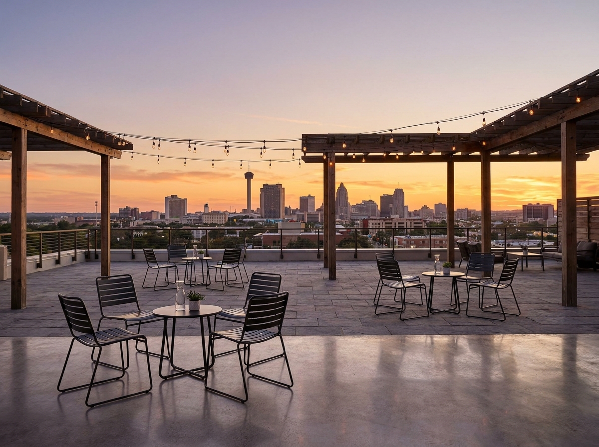 An empty rooftop event space in San Antonio with a view of the downtown skyline.