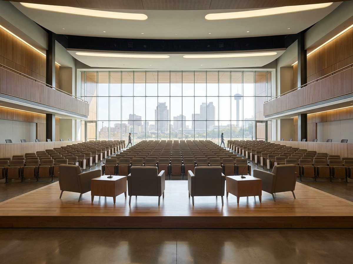 Stage and seating prepared for a business event in a San Antonio venue.