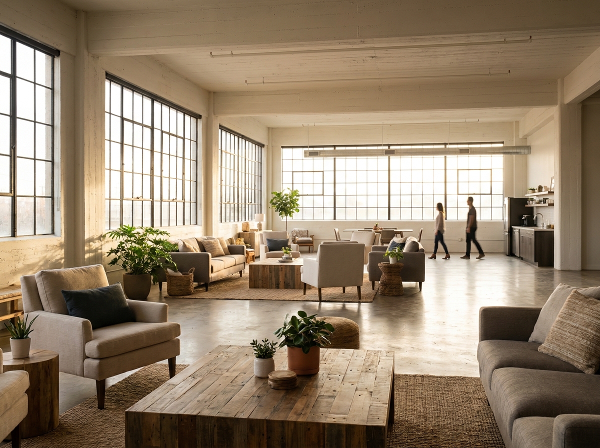 Modern co-working space in San Antonio ready for a morning networking meetup.