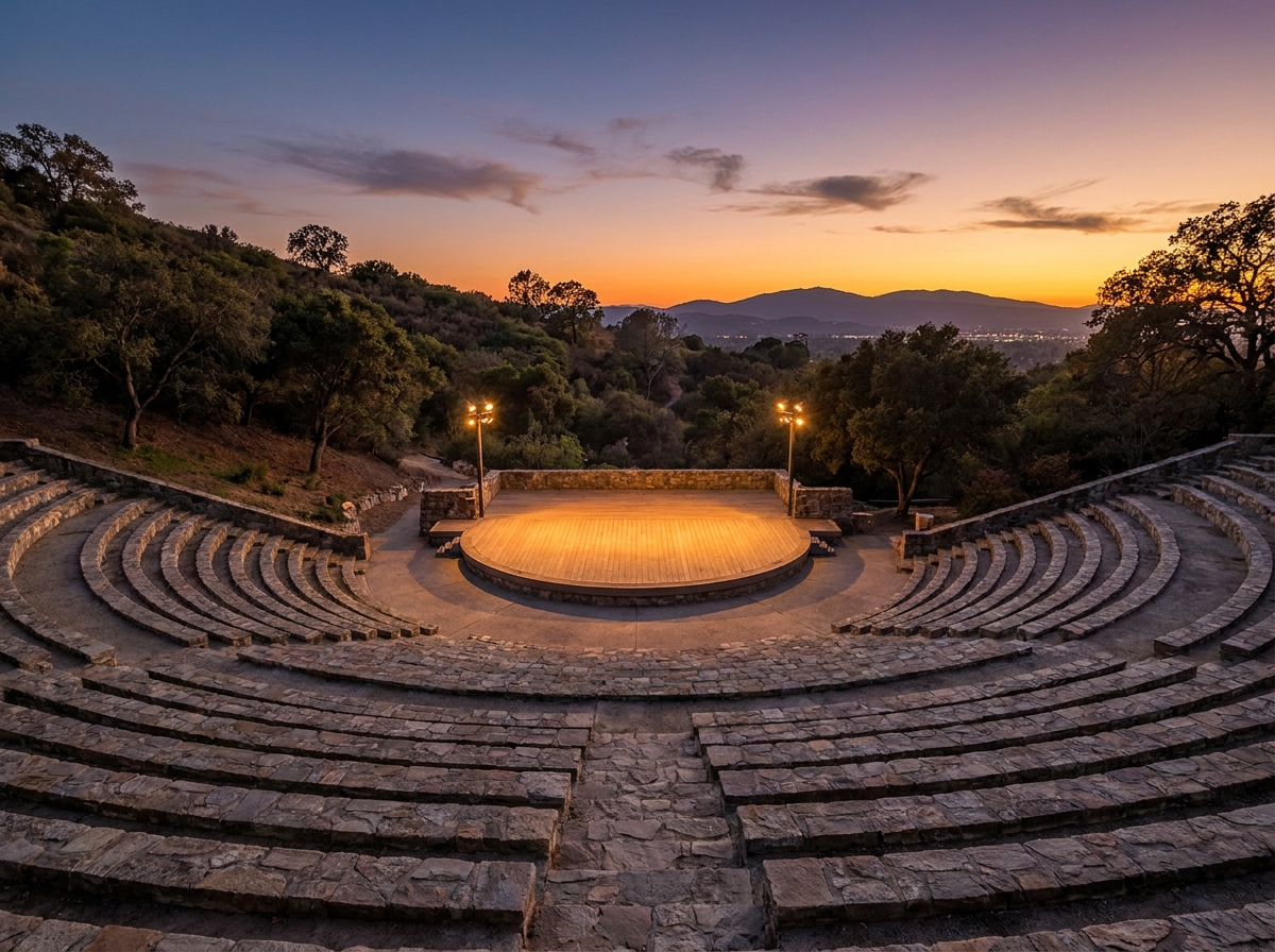 An empty outdoor amphitheater in a San Jose park, ready for an evening event.