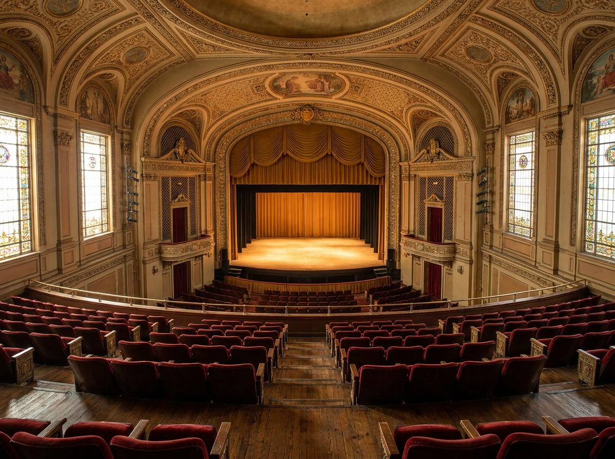 An empty historic theater in San Jose with an illuminated stage.