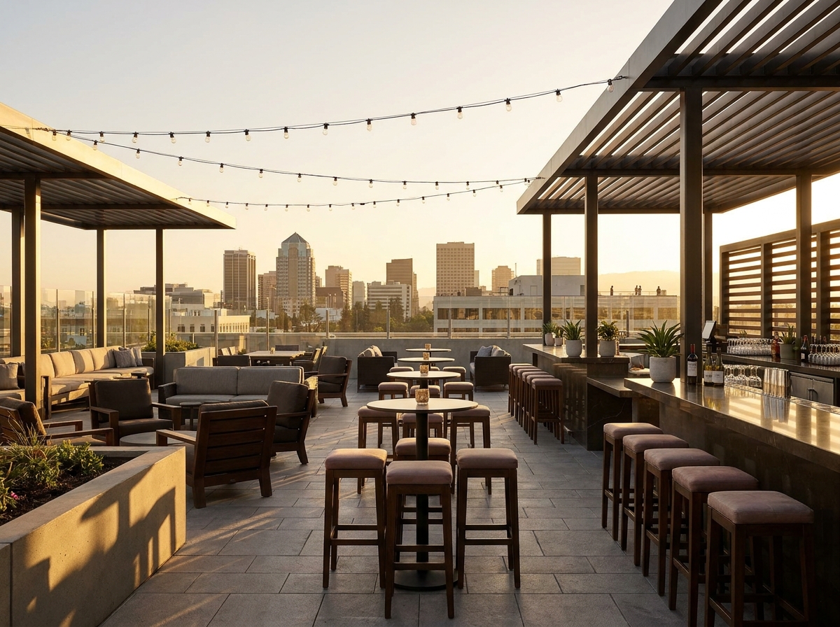 An empty rooftop event space in San Jose prepared for an evening mixer.