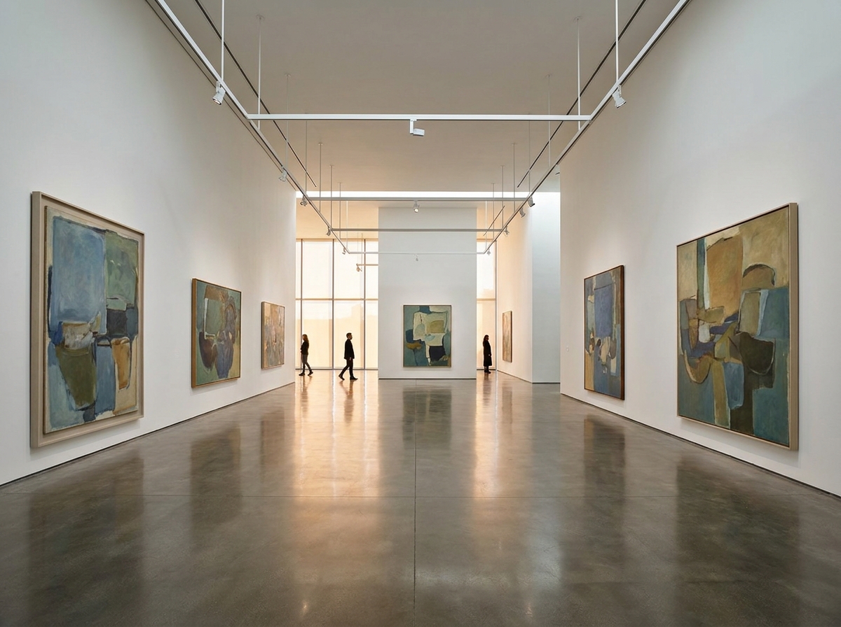 An empty modern art gallery in San Jose, set up for an evening event.
