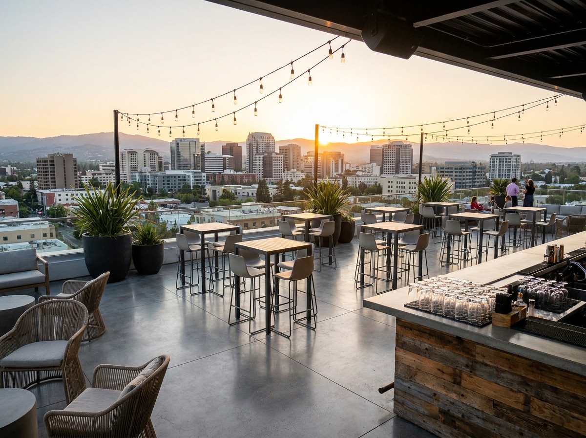 An empty rooftop bar set for a professional event in San Jose.