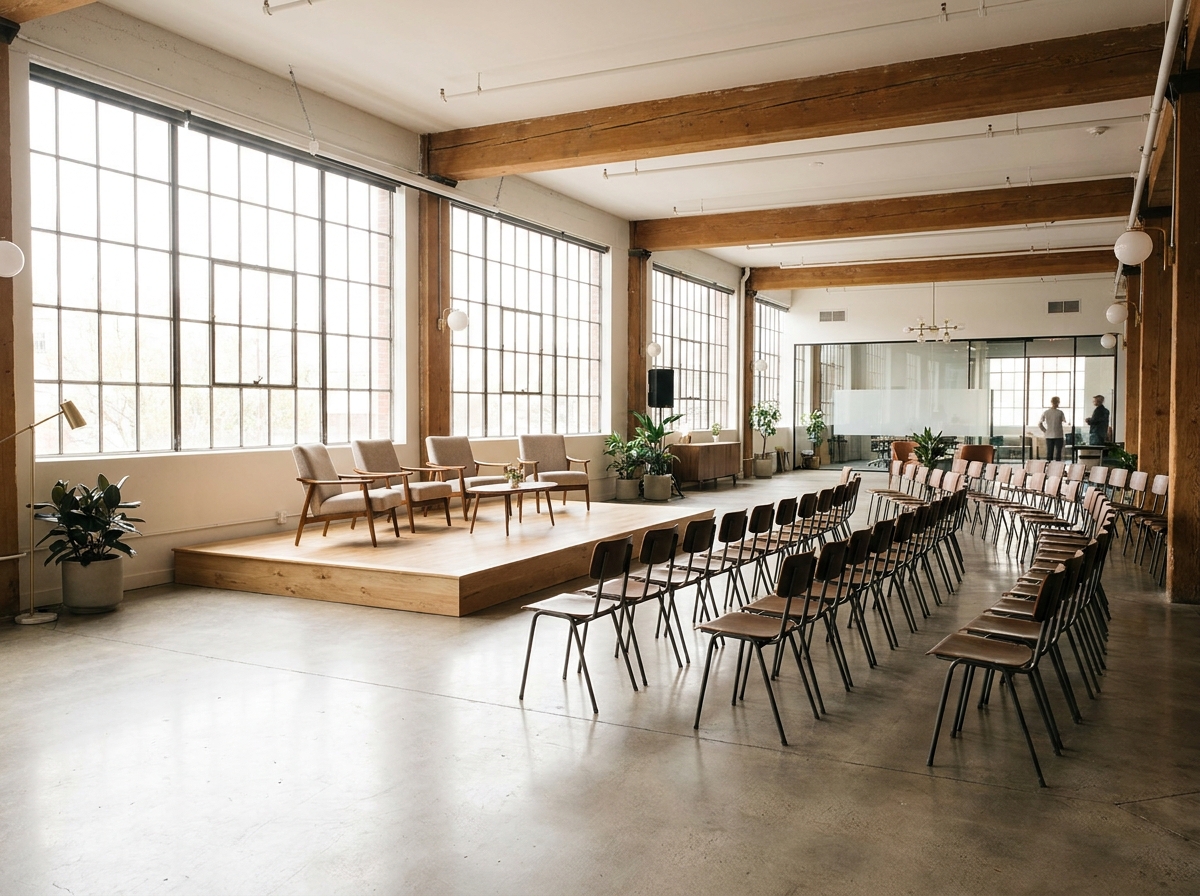 An empty co-working space prepared for a business event presentation.