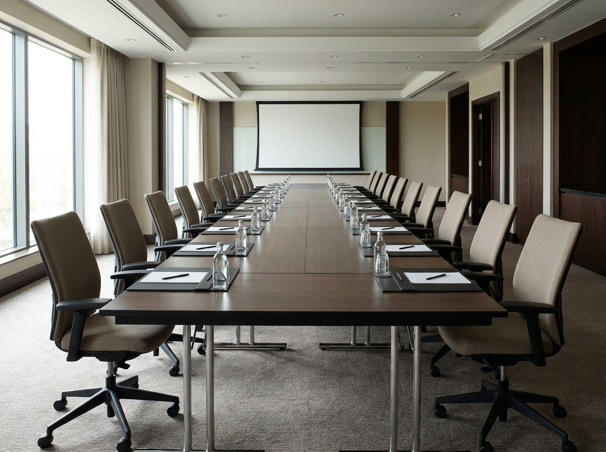 A modern hotel conference room set up for a business event in San Jose.