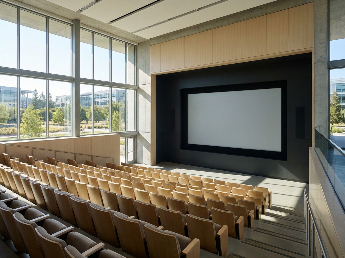 An empty presentation hall at a tech campus, ready for a professional event.