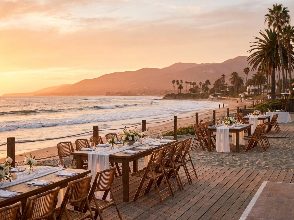 A beachfront venue in Santa Barbara prepared for an event, showing the potential for ticket sales.