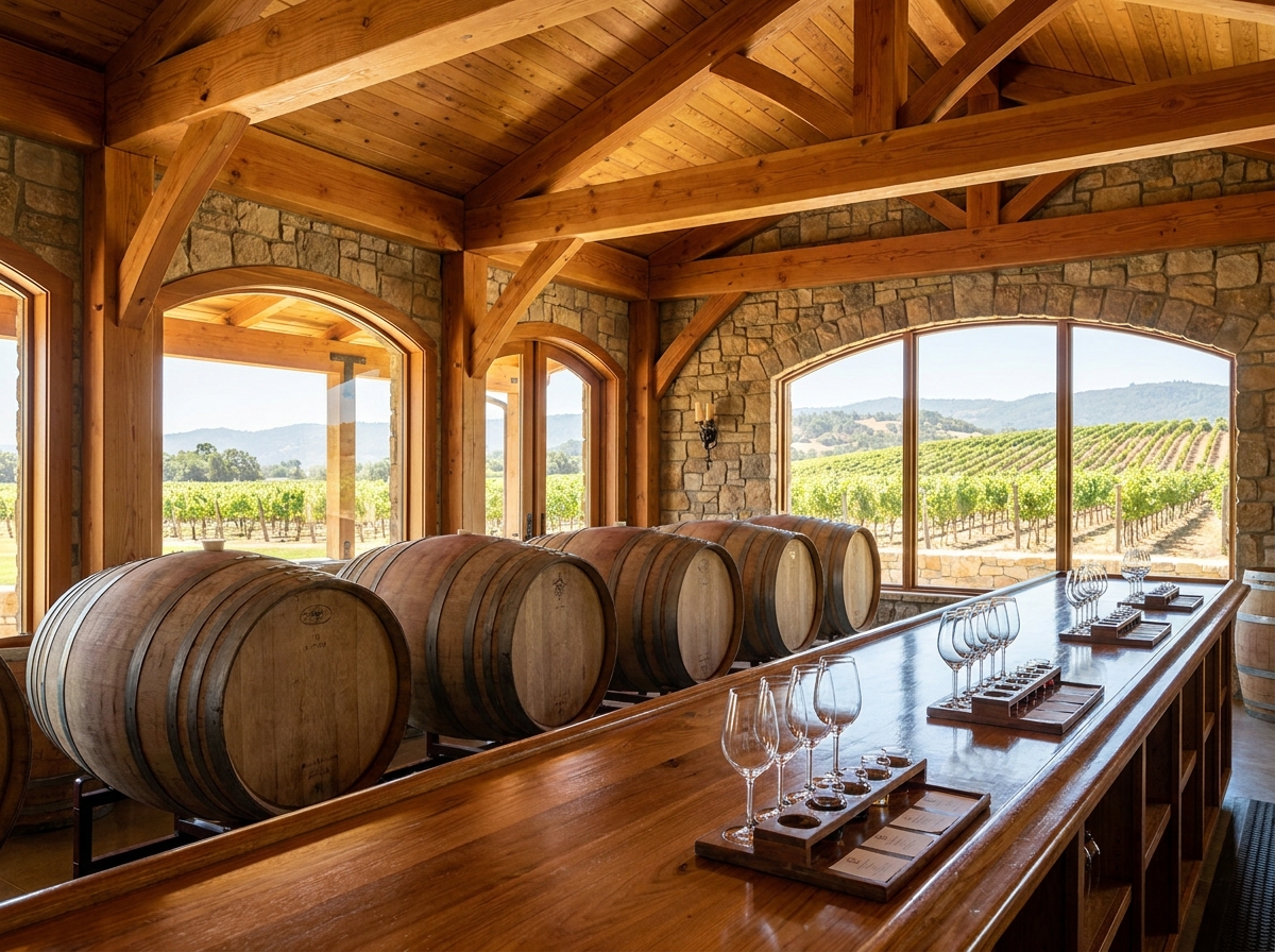 A winery tasting room ready for a ticketed Santa Barbara event, with sales tracked by analytics.