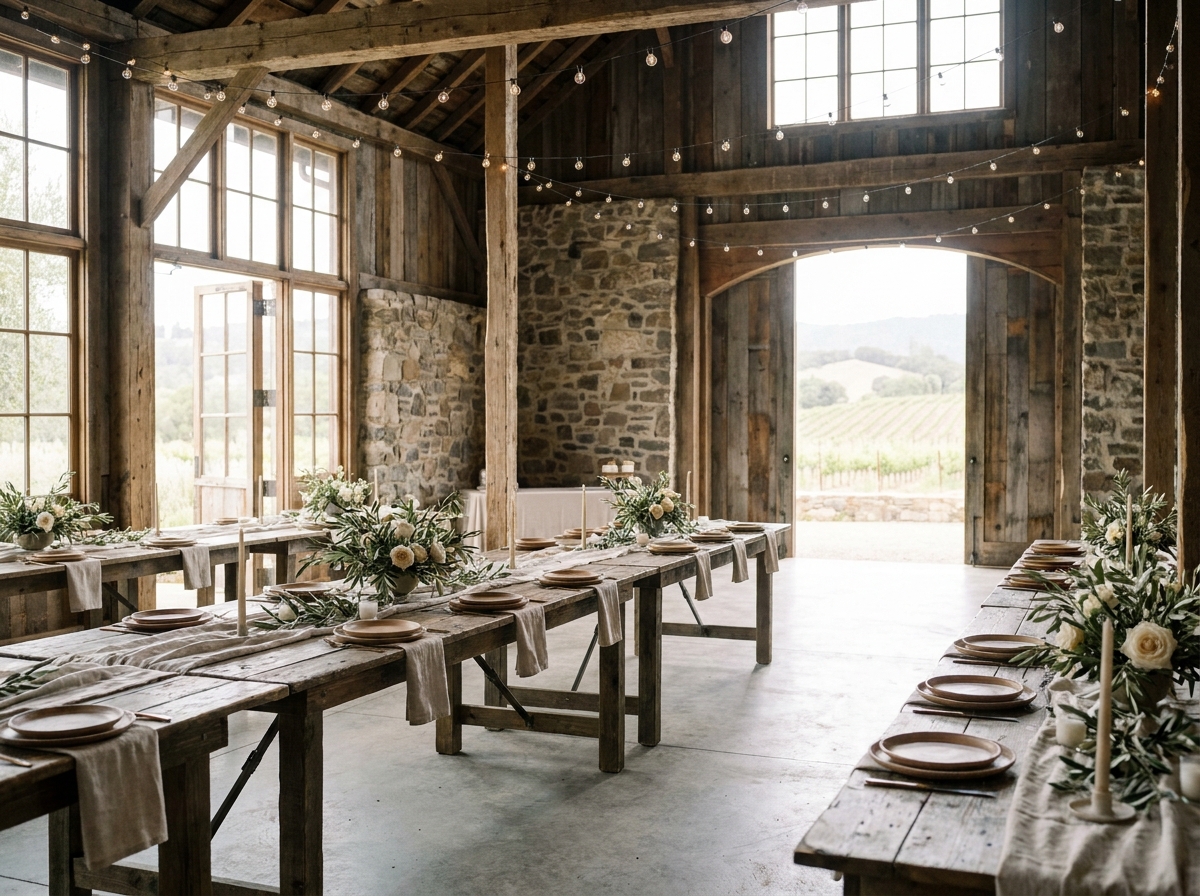 An empty, rustic barn in Santa Rosa set up for a ticketed dinner event.